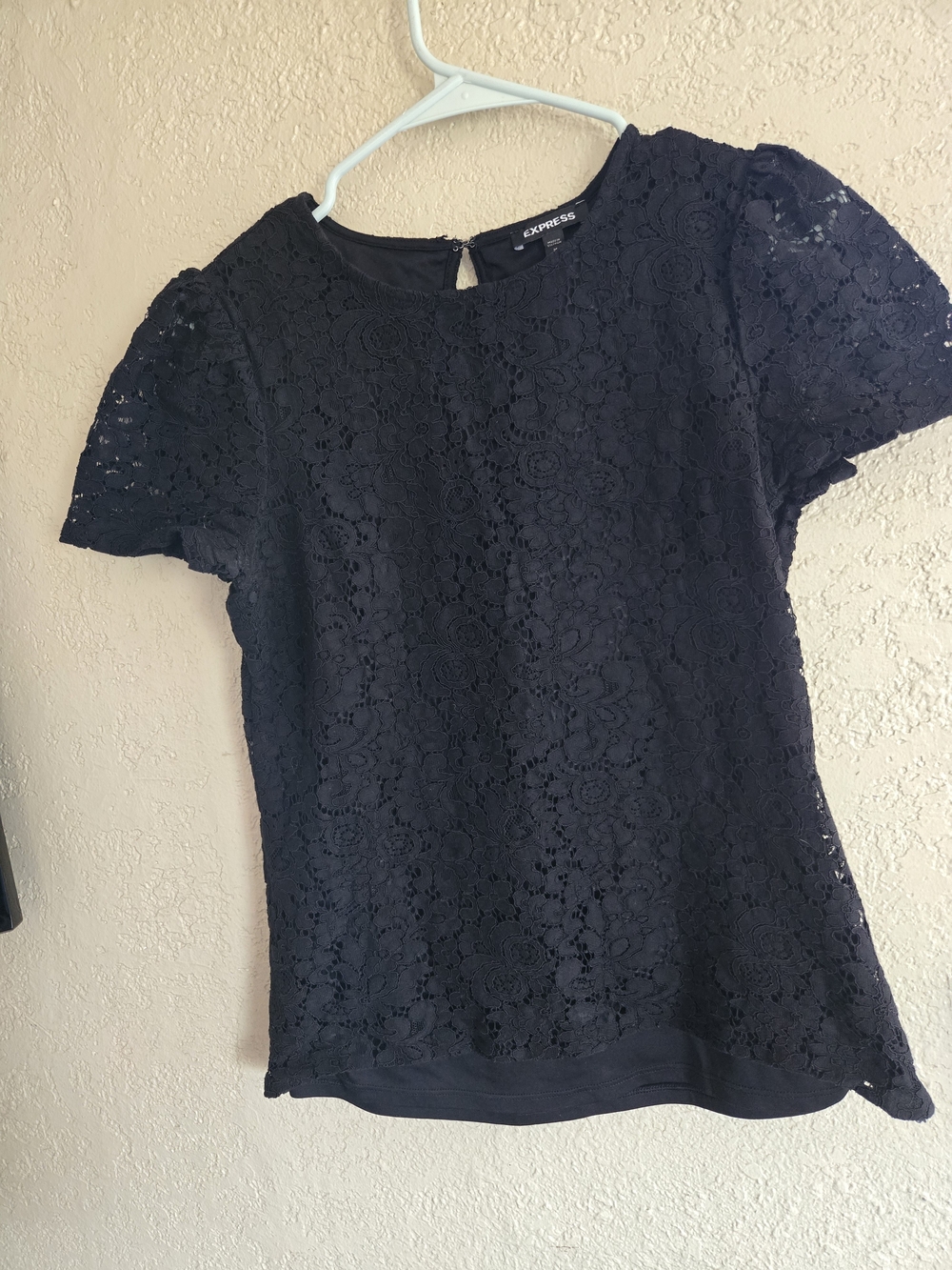Express Women's Black Floral Lace Short Sleeve Top
